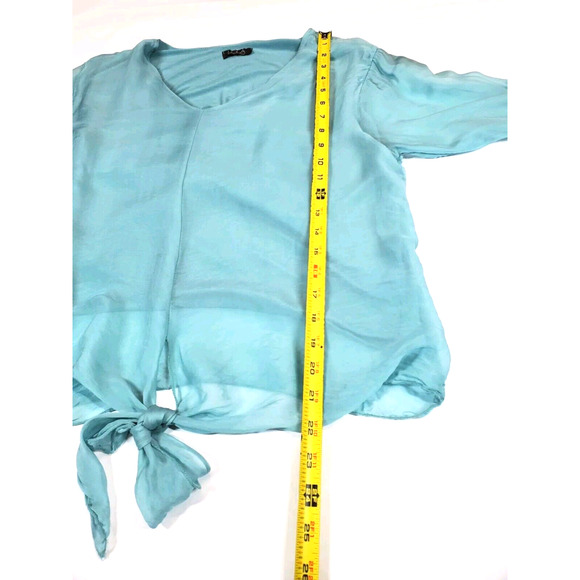 LOLA Made In Italy Womens Top Blue Round Neck Silk Layered Tie Front Flowey - Picture 8 of 9